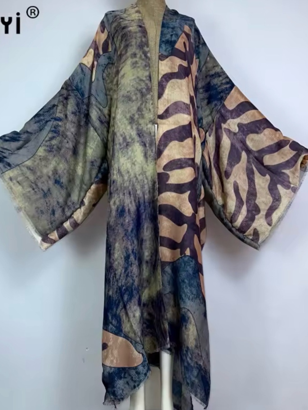 Bohemian Tie-Dye Kimono Dress in Olive & Navy